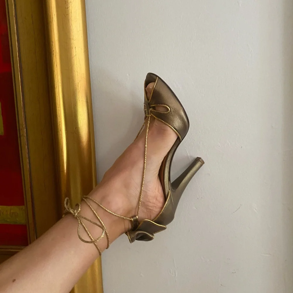Y2K Miss Sixty metalllic brown gold tie bow tie heels sandals 38 8
